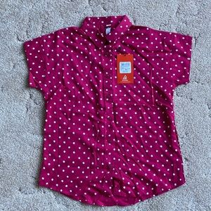 Girls pink polka dot button up shirt. Size Large